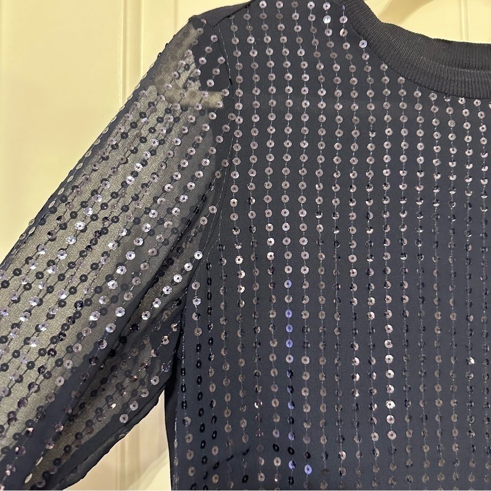 NWT Donna Karan sequin long sleeve blouse sheer sleeves in indigo sunset, S - Picture 4 of 13